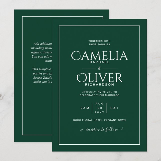 Convites Casamento Emerald Green MONOCHROME (Frente/Verso)
