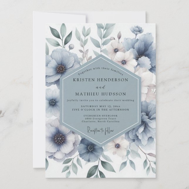 Convites Casamento Encantado com Flor de Azul Desbotado (Frente)