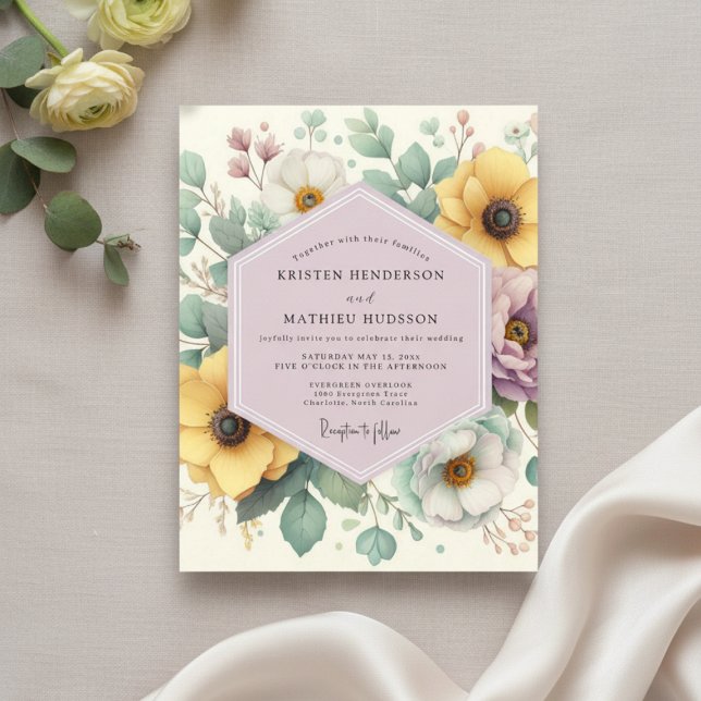 Convites Casamento Encantado com Florais Amarelo Pálido (Criador carregado)