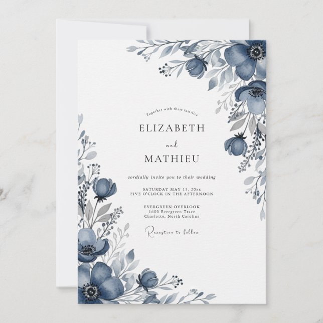 Convites Casamento Encantado com Floral Azul Desbotado (Frente)