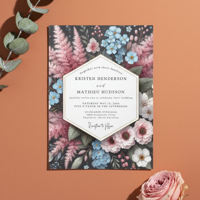 Convites Casamento Encantado com Floral Rosa Empoeirado (Criador carregado)