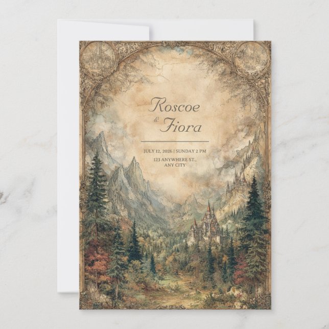 Convites Casamento Encantado do Castelo de Mystic Valley (Frente)