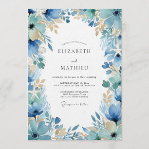 Convites Casamento Encantado Floral Azul Pintado