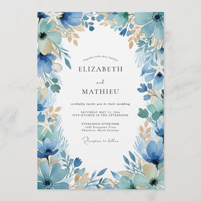 Convites Casamento Encantado Floral Azul Pintado (Frente)
