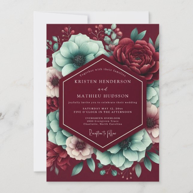 Convites Casamento Encantado Floral Borgonha (Frente)