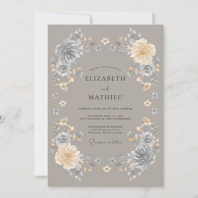 Convites Casamento Encantado Floral Cinza (Frente)