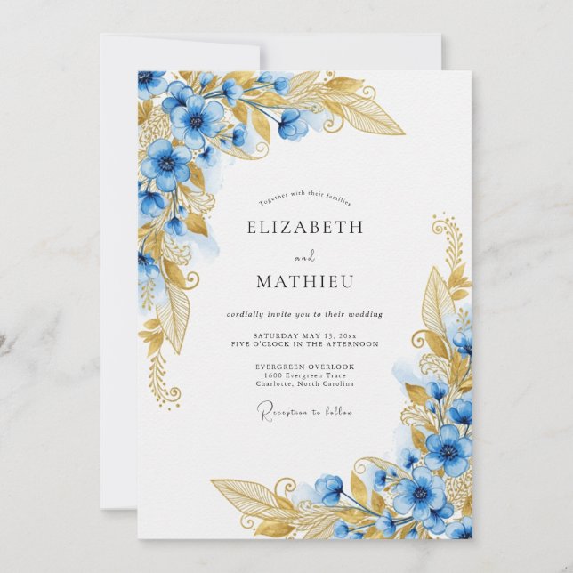 Convites Casamento Encantado Floral Dourado Azul (Frente)