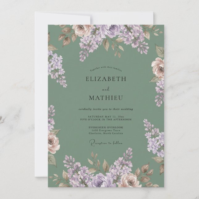 Convites Casamento Encantado Floral Salvia (Frente)