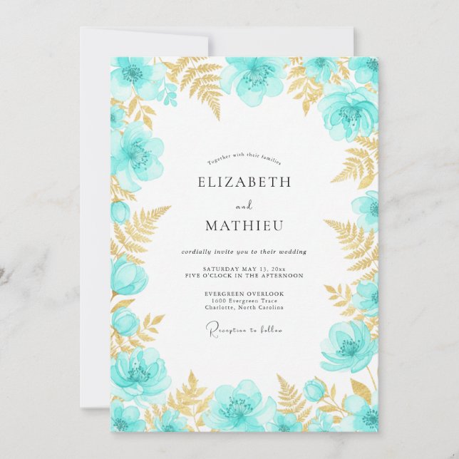Convites Casamento Encantado Floral Turquesa (Frente)