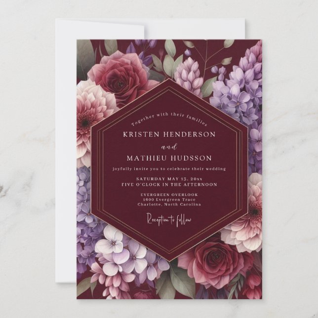 Convites Casamento Encantado Maroon Bloom (Frente)