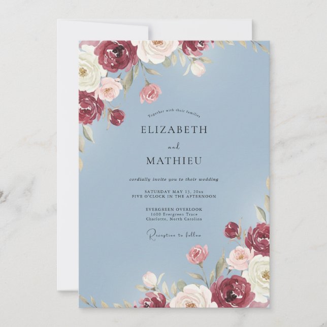 Convites Casamento Encantado Romance Floral Borgonha (Frente)