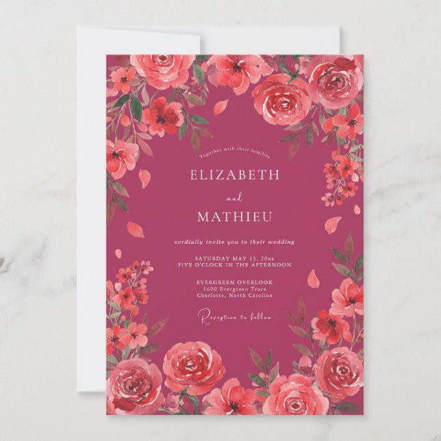 Convites Casamento Encantador Magenta de Primavera (Frente)