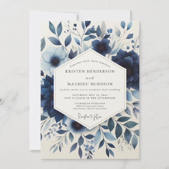Convites Casamento Encantamento Floral Índigo (Frente)