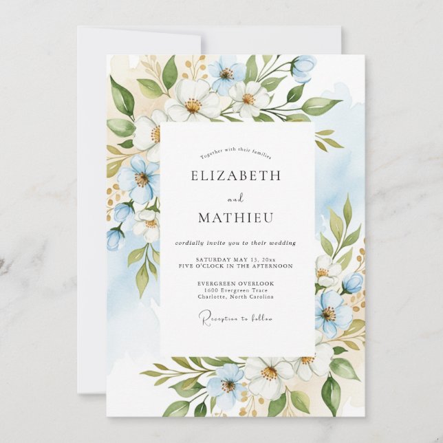 Convites Casamento Enchantment Floral Azul-Celeste (Frente)