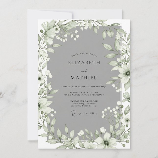 Convites Casamento Enfeitiçado com Floral em Verde Sálvia (Frente)