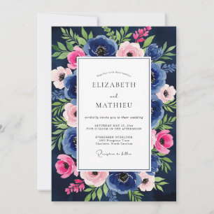 Convites Casamento Enfeitiçado com Floral Rosa Azul-Marinho