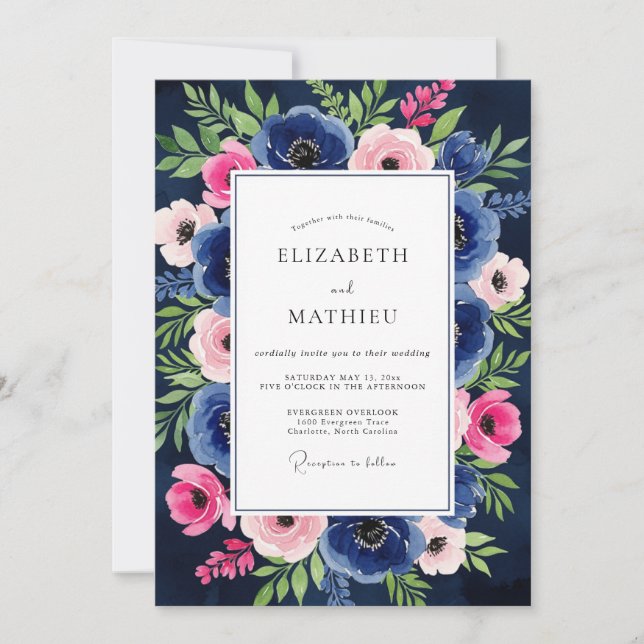 Convites Casamento Enfeitiçado com Floral Rosa Azul-Marinho (Frente)