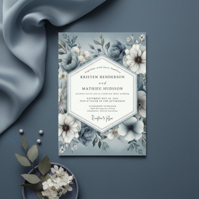 Convites Casamento Enfeitiço Floral Azul Ardósia (Criador carregado)