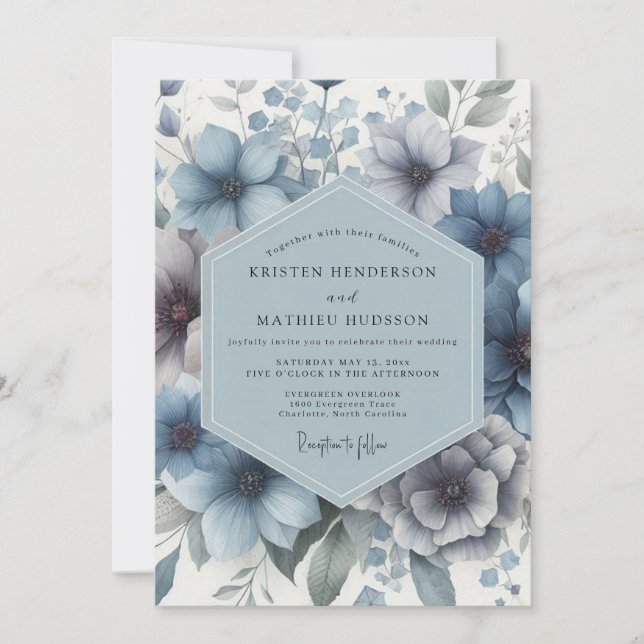 Convites Casamento Enfeitiço Floral Azul Desbotado (Frente)