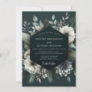 Convites Casamento Enfeitiço Floral Azul Escuro