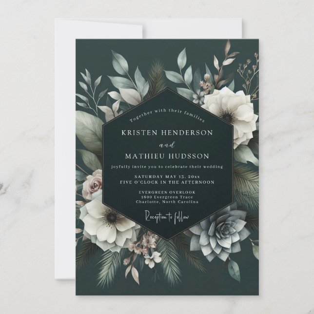 Convites Casamento Enfeitiço Floral Azul Escuro (Frente)