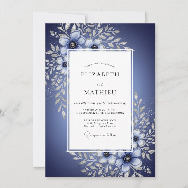 Convites Casamento Enfeitiço Floral Azul Profundo (Frente)