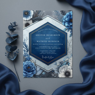 Convites Casamento Enfeitiço Floral Azul Profundo