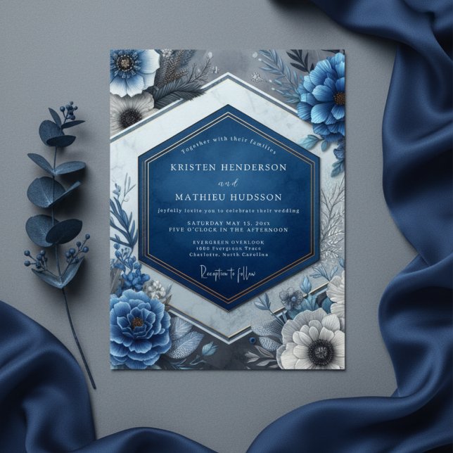 Convites Casamento Enfeitiço Floral Azul Profundo (Criador carregado)