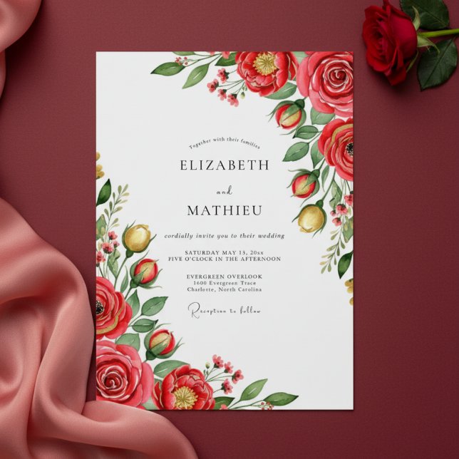 Convites Casamento Enfeitiço Floral Carmesim (Criador carregado)