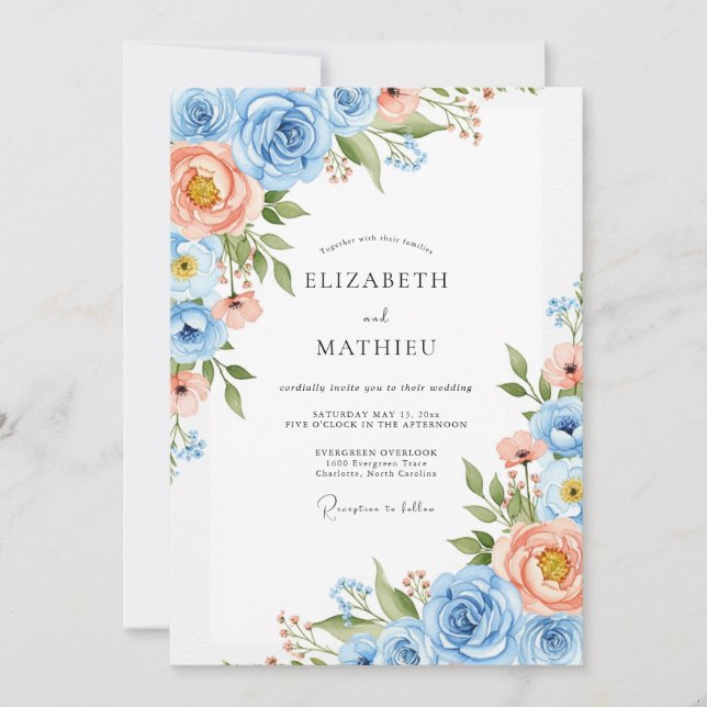 Convites Casamento Enfeitiço Floral Coral Azul (Frente)