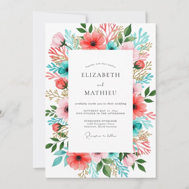 Convites Casamento Enfeitiço Floral Coral Turquesa (Frente)