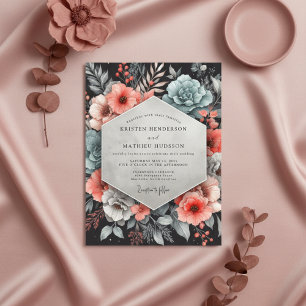 Convites Casamento Enfeitiço Floral Coral Turquesa