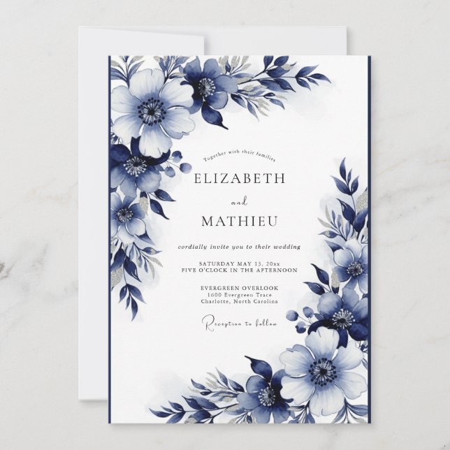 Convites Casamento Enfeitiço Floral Índigo (Frente)