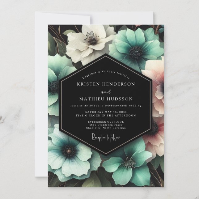 Convites Casamento Enfeitiço Floral Turquesa (Frente)