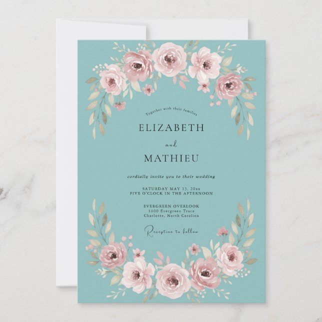 Convites Casamento Enfeitiço Pintado Rosa Turquesa (Frente)