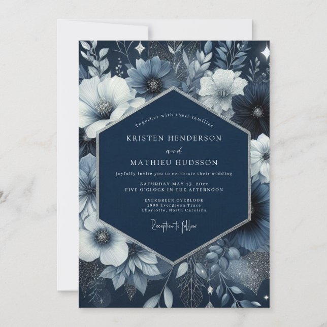 Convites Casamento Enigma Floral Azul Marinho (Frente)