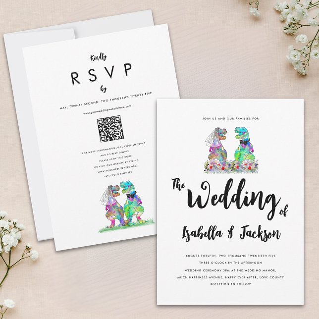Convites Casamento entre Dinossaur Bride e Groom Boho Wildf (Fun dinosaur bride and groom boho wildflower wedding invitation qr code colorful watercolor florals)