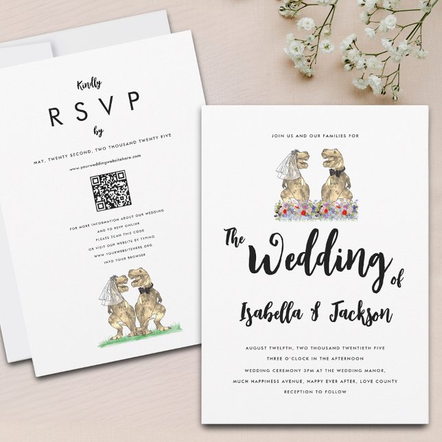 Convites Casamento entre Dinossauro e Groom Wildflower (Fun T-Rex bride and groom wildflower boho dinosaur Jurassic wedding qr code invitation )