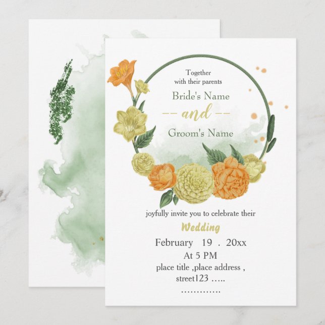 Convites casamento entre flores amarelas e laranja (Frente/Verso)