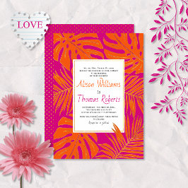 Convites Casamento entre magenta e folhas tropicais laranja