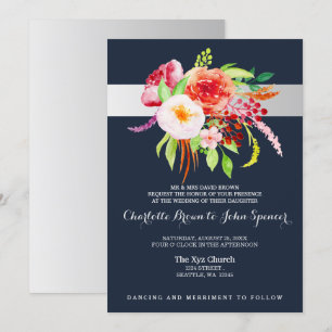 Convites casamento entre marinhos e flores de aquarela prat