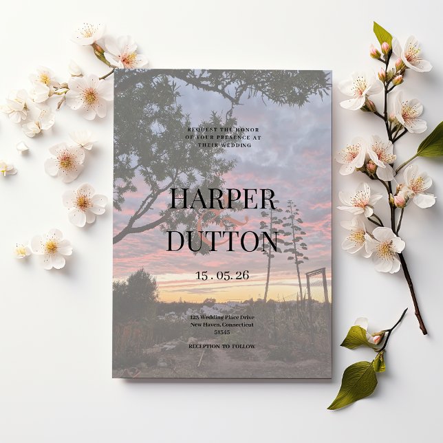 Convites Casamento entre os campos laranja-amarelos e belos (Sunset orange yellow beautiful countryside wedding)