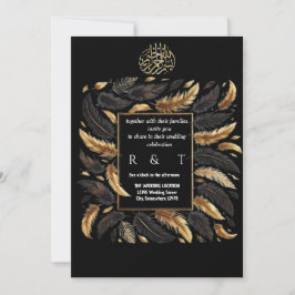 Convites casamento entre ouro e penas pretas
