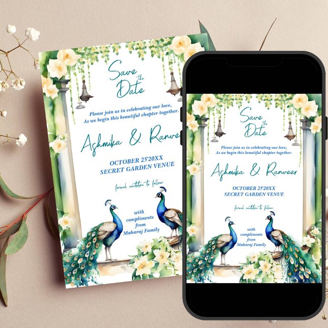 Convites Casamento entre Peacock e Jasmine Indiano, salvar  (Peacock jasmine garden Indian wedding save the date editable template invitation digital download)