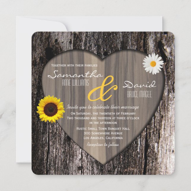 Convites Casamento entre Sunflower e Daisy Heart Tree Rusti (Frente)