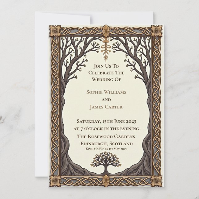 Convites Casamento Escocês Celta Árvore da Vida (Frente)