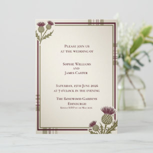 Convites Casamento Escocês com Canto de Cardo Xadrez Roxo