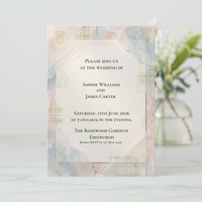 Convites Casamento Escocês com Herança Celta em Aquarela Su (Em pé/Frente)