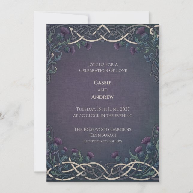 Convites Casamento Escocês Dark Navy Gold Celtic Thistle (Frente)