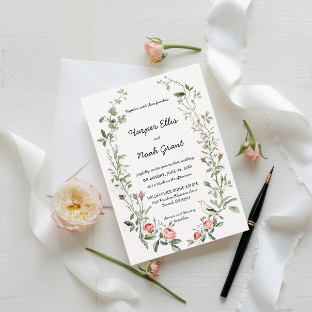 Convites Casamento Escrito À Mão Com Pássaros Rosa (watercolor roses wedding invitation french countryside garden backyard outdoors barn chic modern)